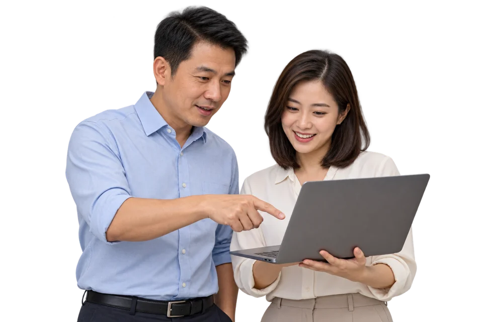 Illustrative colleagues reviewing a laptop together