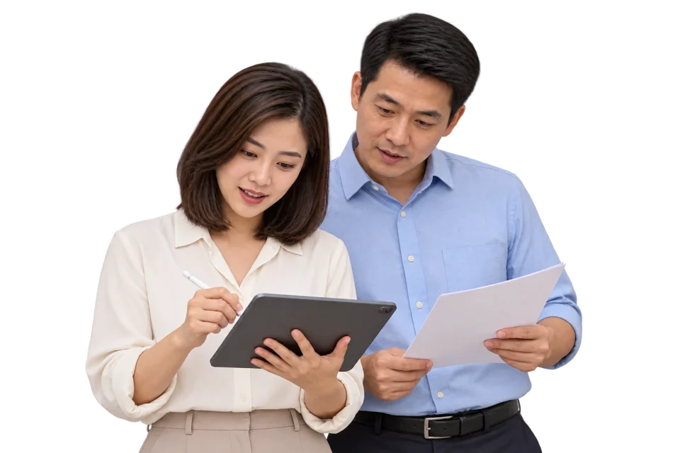 Illustrative colleagues using a tablet and checking their work